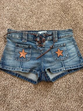 REVICE Denim Lace-Up Shorts with Brown Star Patches